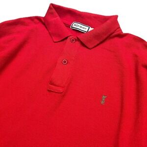 Vintage Yves Saint Laurent Polo Shirt Men M/L Long Sleeve Red Cotton YSL Logo